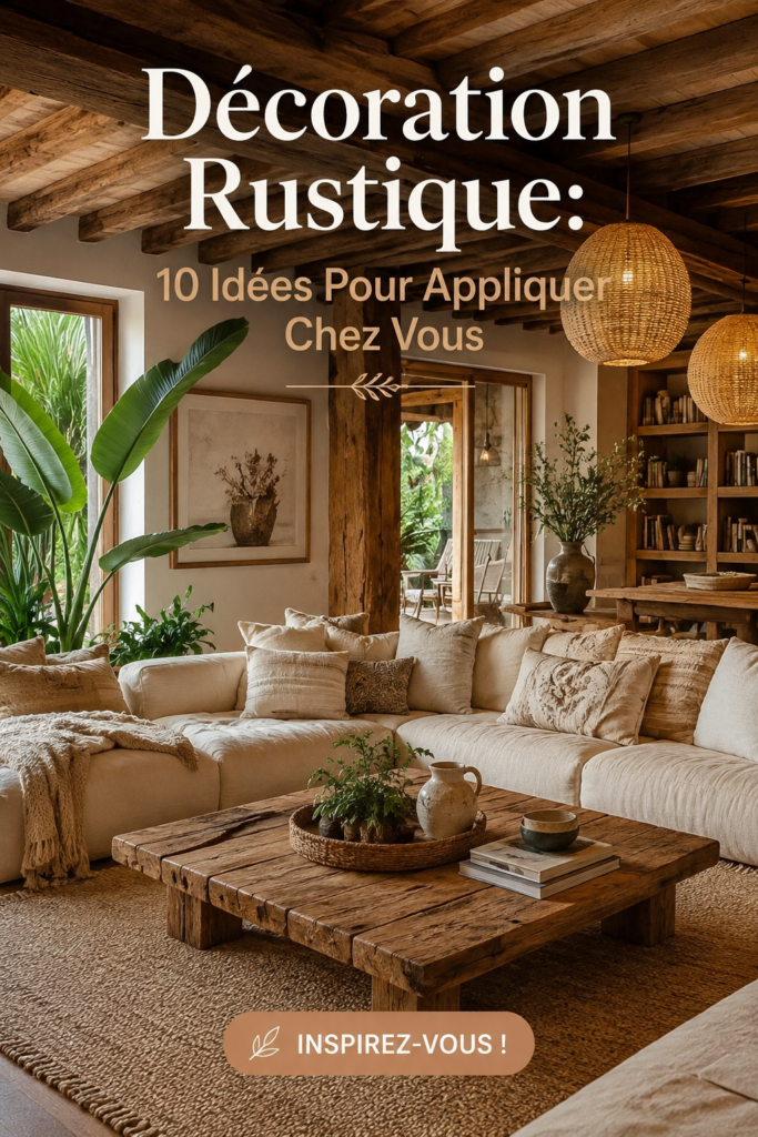 Intérieur de maison avec une décoration rustique, mettant en avant des éléments en bois et des couleurs chaudes.