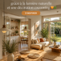 Un salon lumineux avec de grandes fenêtres et une décoration chaleureuse