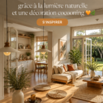 Un salon lumineux avec de grandes fenêtres et une décoration chaleureuse