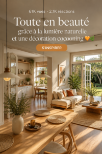 Un salon lumineux avec de grandes fenêtres et une décoration chaleureuse