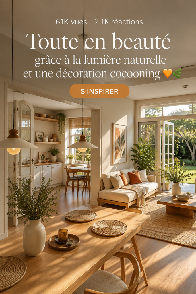 Un salon lumineux avec de grandes fenêtres et une décoration chaleureuse