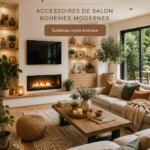 Un salon décoré dans un style bohème moderne avec des accessoires variés