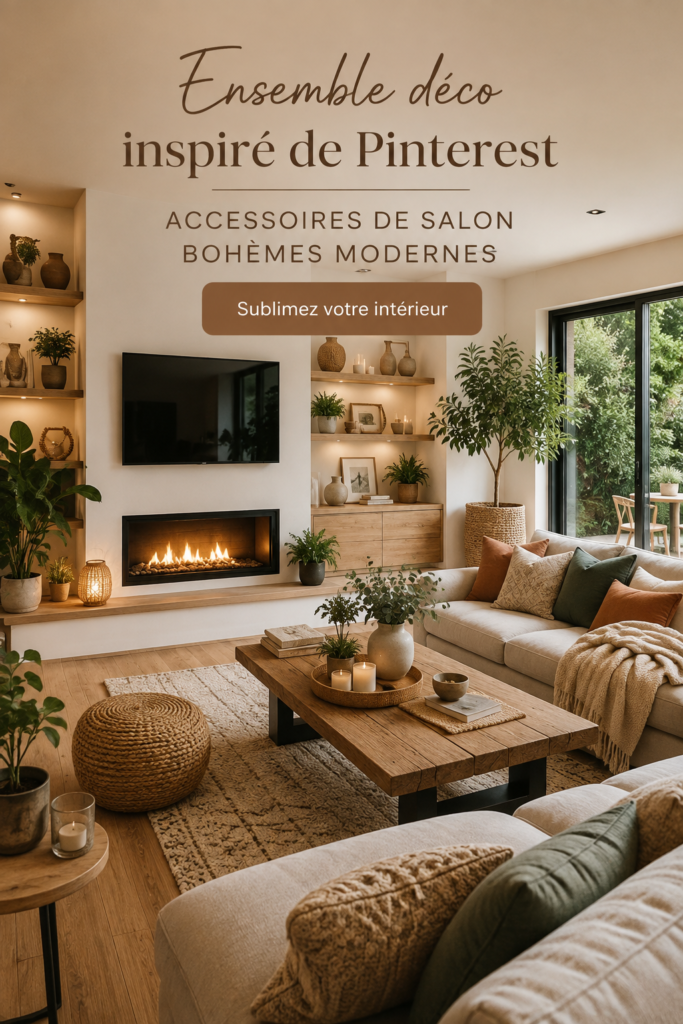 Un salon décoré dans un style bohème moderne avec des accessoires variés