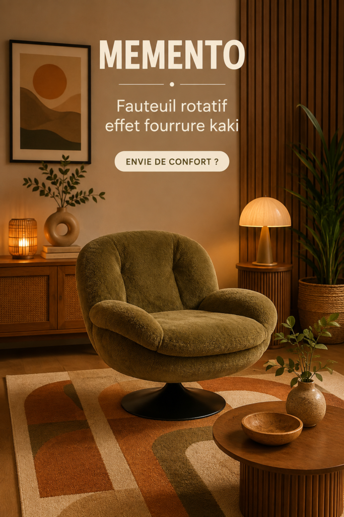Fauteuil rotatif effet fourrure kaki dans un salon glamour et cosy