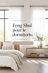 Chambre décorée selon les principes du Feng Shui, avec des couleurs apaisantes et des éléments naturels.