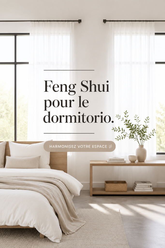 Chambre décorée selon les principes du Feng Shui, avec des couleurs apaisantes et des éléments naturels.