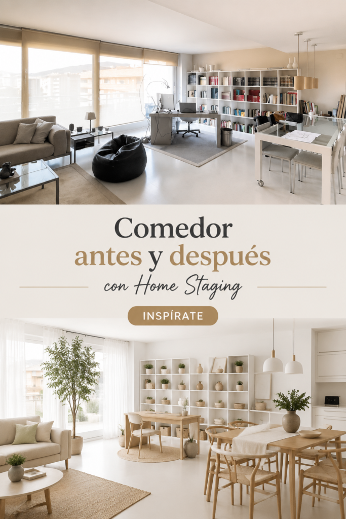 Salle à manger avant et après home staging, montrant une transformation accueillante.