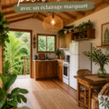 Éclairage stylisé dans une cabane moderne avec des éléments en bois.