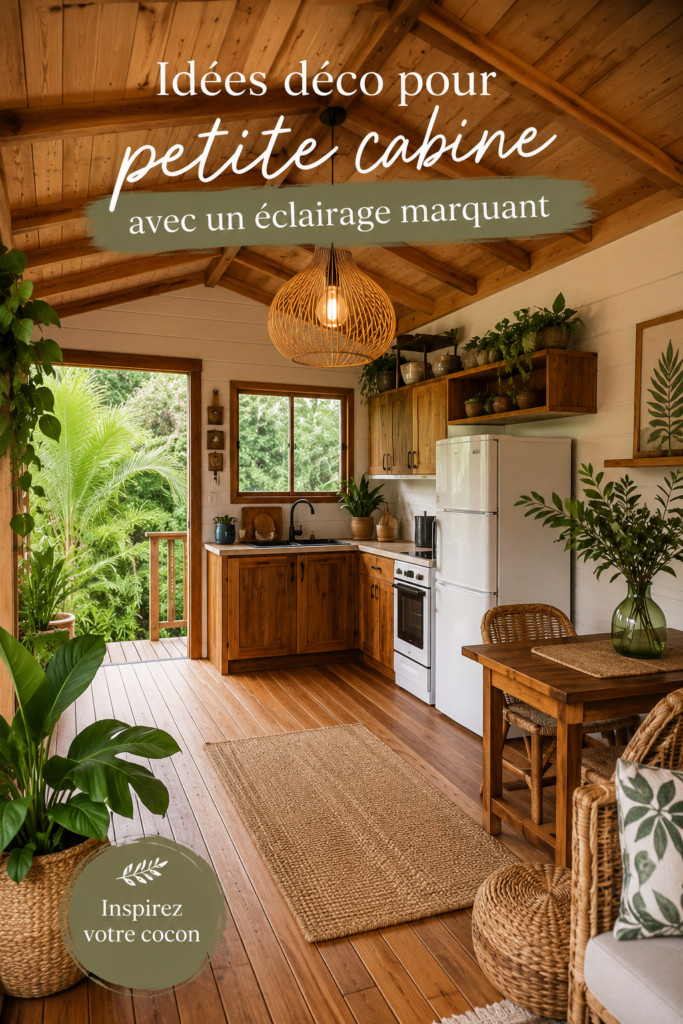 Éclairage stylisé dans une cabane moderne avec des éléments en bois.