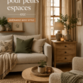 Un coin salon cosy dans un petit espace décoré avec des couleurs chaudes et des accessoires douillets.
