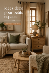 Un coin salon cosy dans un petit espace décoré avec des couleurs chaudes et des accessoires douillets.
