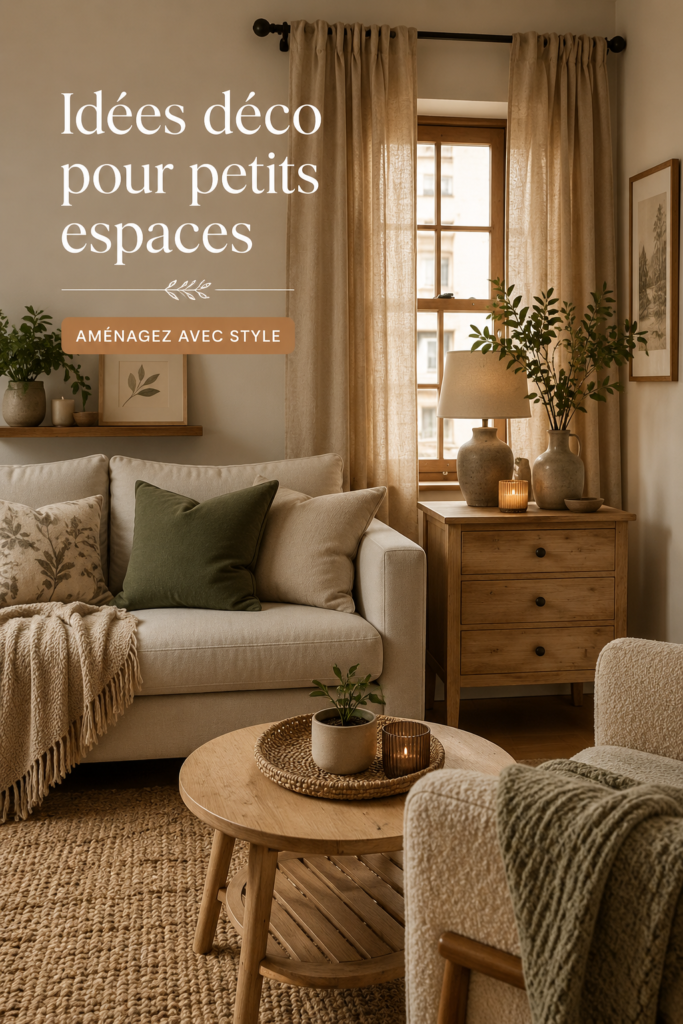 Un coin salon cosy dans un petit espace décoré avec des couleurs chaudes et des accessoires douillets.