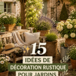 Un jardin décoré avec des éléments rustiques, incluant des bancs en bois et des lanternes anciennes