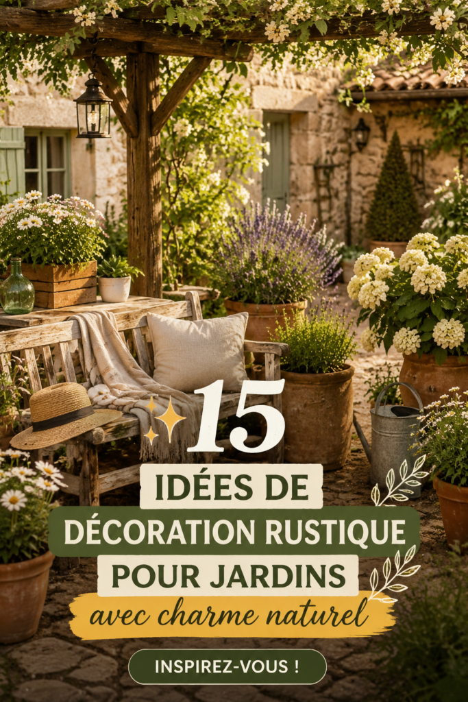 Un jardin décoré avec des éléments rustiques, incluant des bancs en bois et des lanternes anciennes