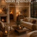 Salon moderne chaleureux avec des textures douces et des couleurs apaisantes.