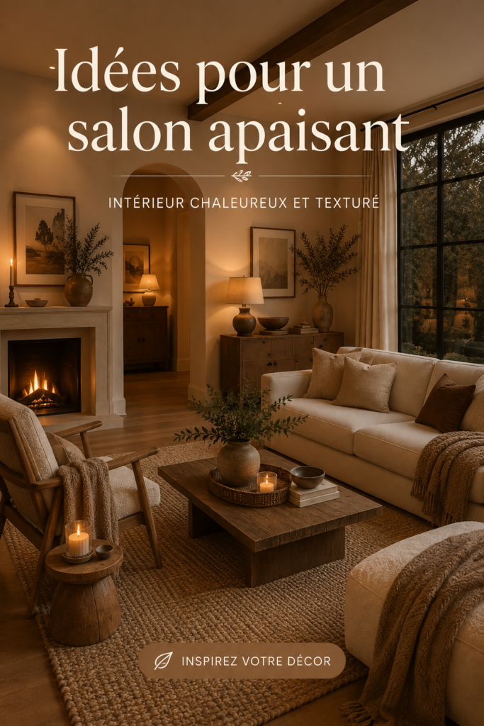 Salon moderne chaleureux avec des textures douces et des couleurs apaisantes.