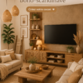 Salon inspiré du style Boho-Scandi, avec des textures douces et des couleurs neutres.