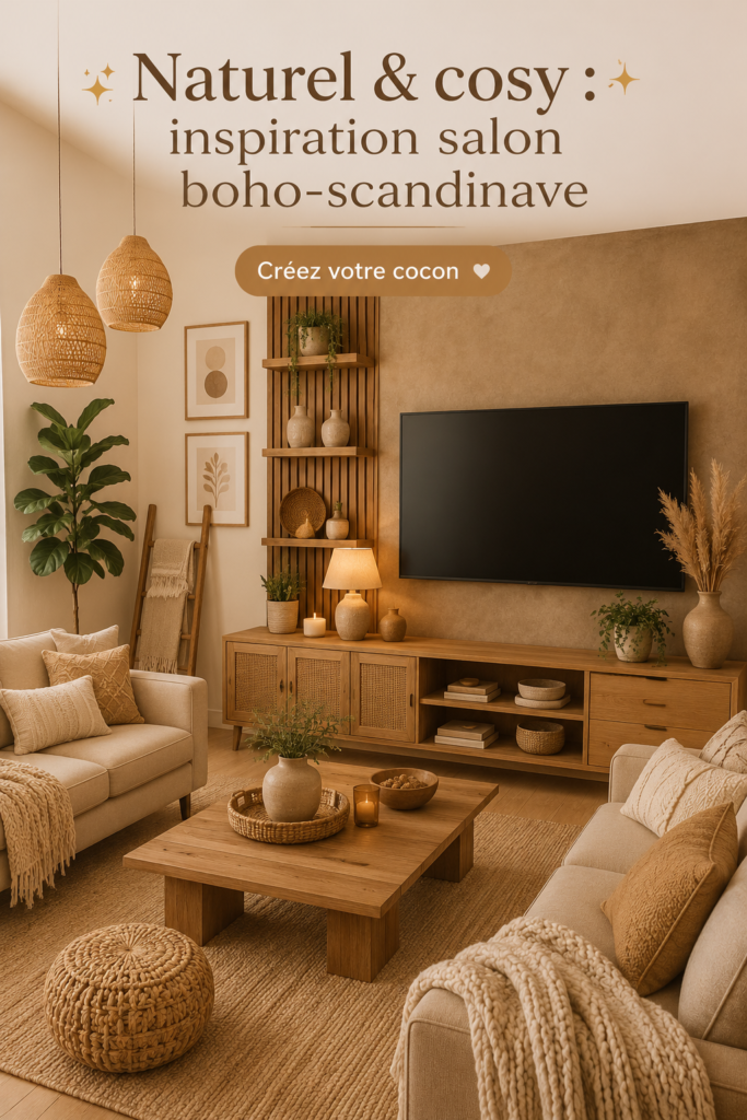 Salon inspiré du style Boho-Scandi, avec des textures douces et des couleurs neutres.