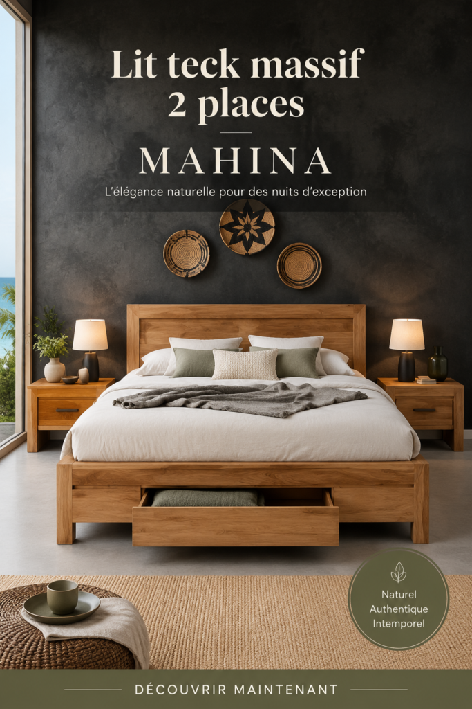 Lit en teck massif MAHINA avec un design scandinave dans une chambre moderne