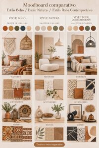 Moodboard avec des inspirations Boho et Nature pour une décoration intérieure chaleureuse.