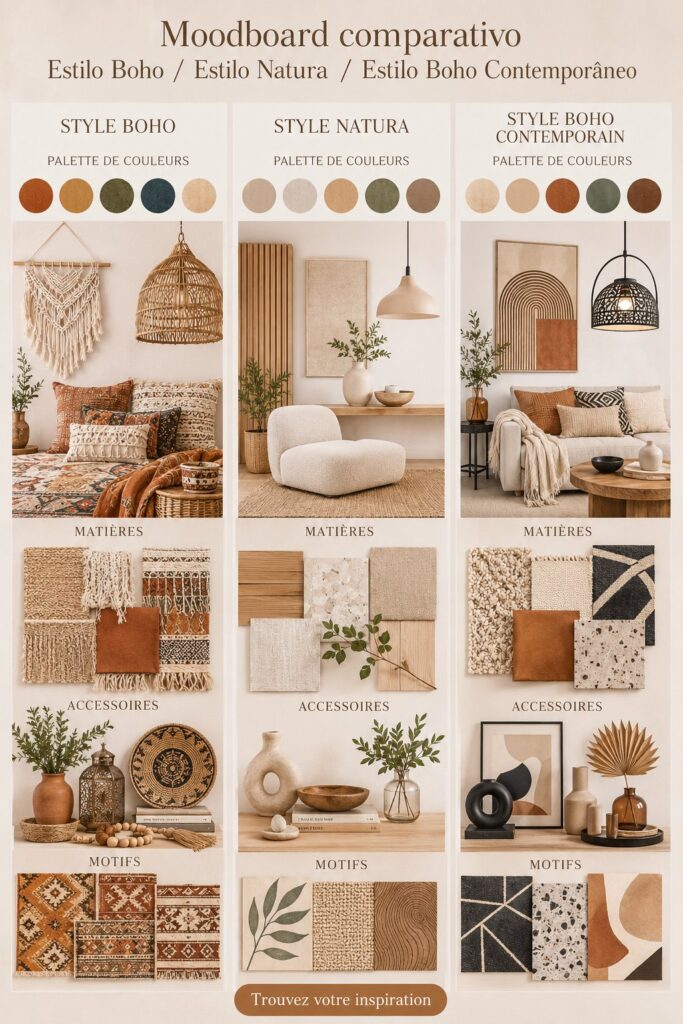 Moodboard avec des inspirations Boho et Nature pour une décoration intérieure chaleureuse.
