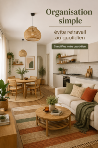 Espace intérieur bien organisé avec des éléments décoratifs apaisants.