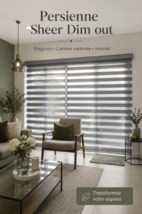 Une pièce de vie décorée avec des persiennes Sheer Dim Out apportant une lumière douce et chaleureuse.