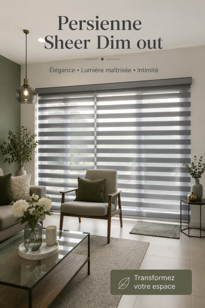 Une pièce de vie décorée avec des persiennes Sheer Dim Out apportant une lumière douce et chaleureuse.