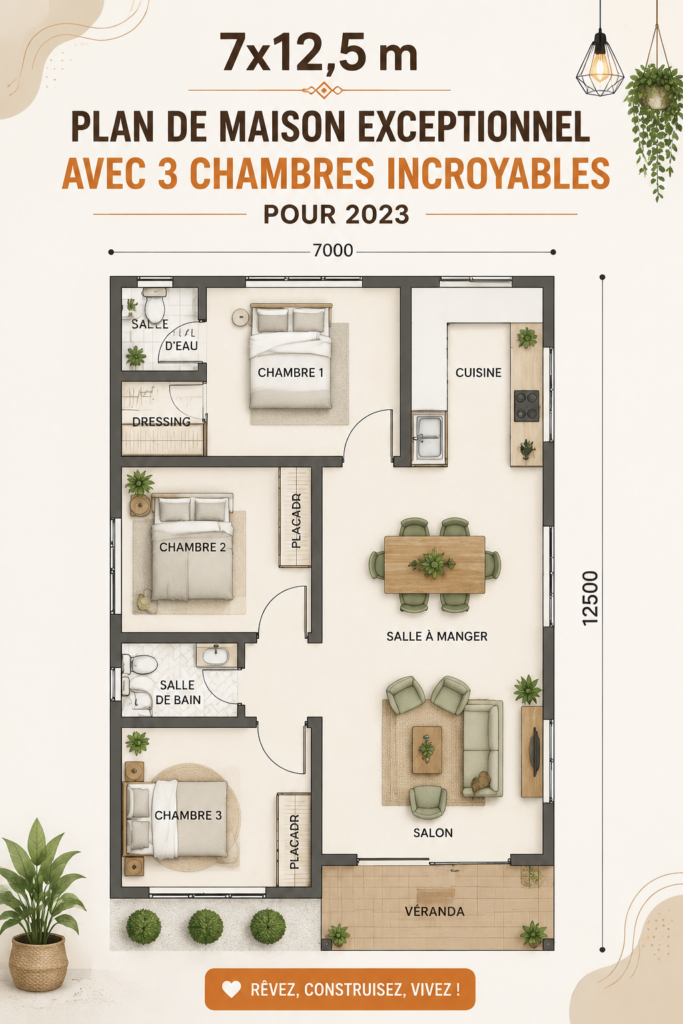 Plan de maison moderne de 3 chambres sur 7x12.5m avec espaces optimisés et lumineux
