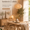 Salle à manger décorée dans un style japandi lumineux et chaleureux avec des meubles en bois clair.