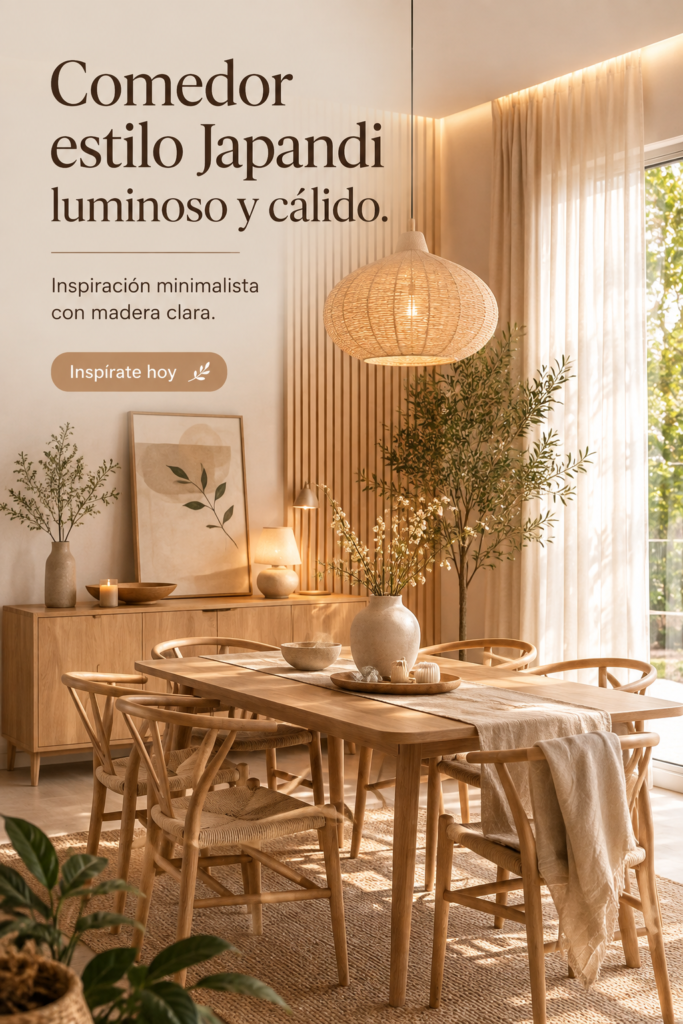 Salle à manger décorée dans un style japandi lumineux et chaleureux avec des meubles en bois clair.