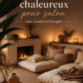 Un salon accueillant avec des coussins colorés et des bougies allumées créant une ambiance chaleureuse.