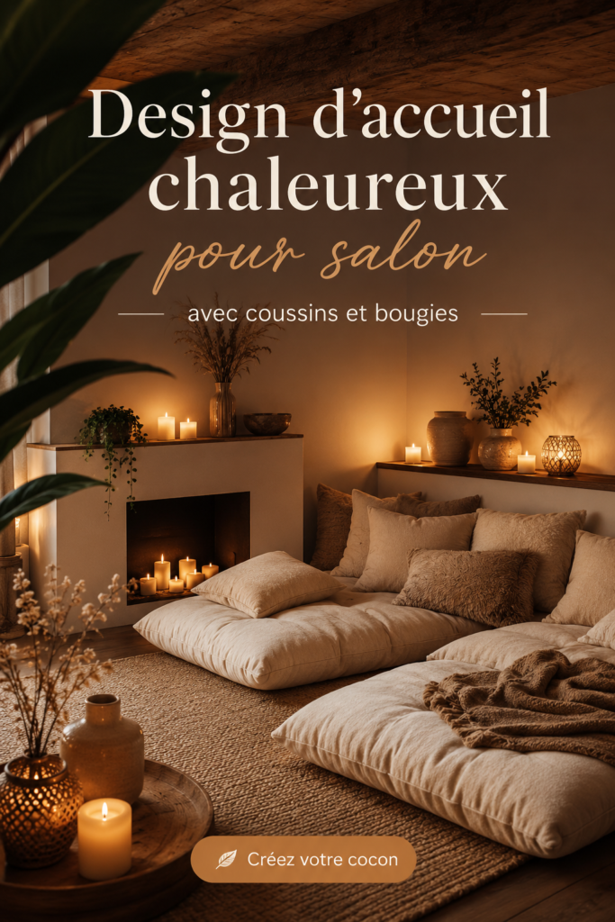 Un salon accueillant avec des coussins colorés et des bougies allumées créant une ambiance chaleureuse.