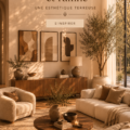 Salon chaleureux aux teintes terreuses avec des meubles en bois