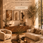 Salon chaleureux aux teintes terreuses avec des meubles en bois