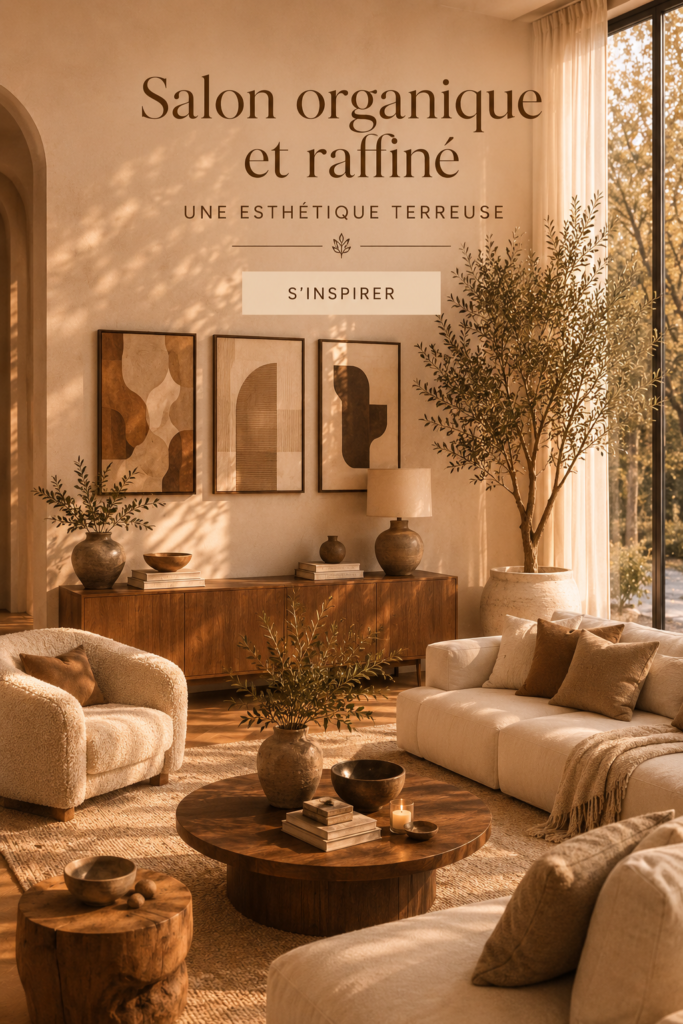 Salon chaleureux aux teintes terreuses avec des meubles en bois