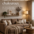 Salon minimaliste accueillant avec des tons neutres et un éclairage doux