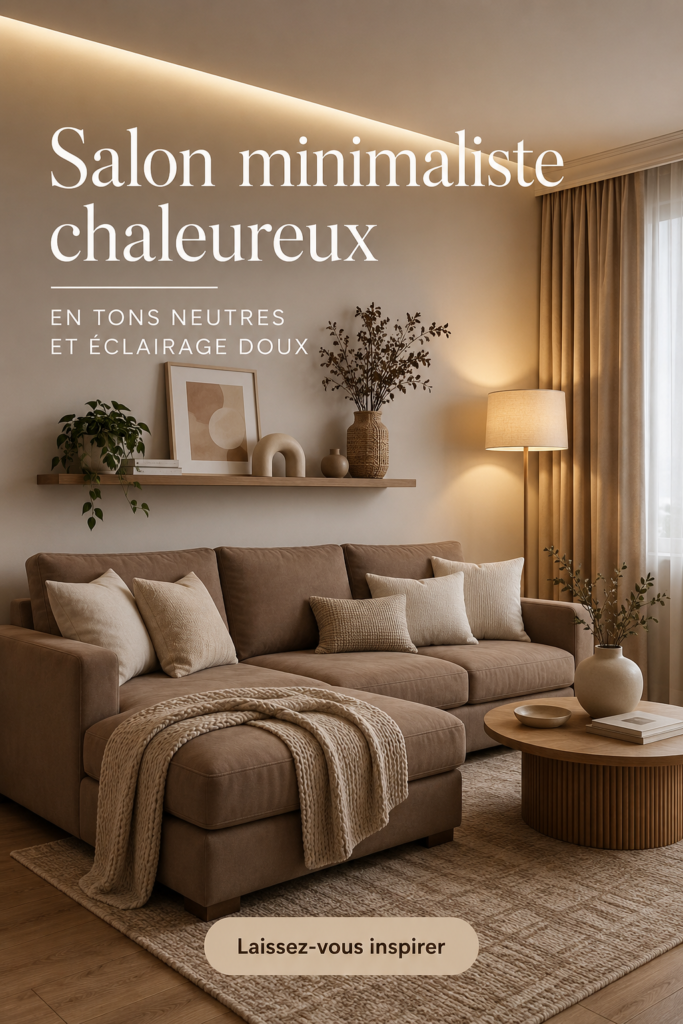 Salon minimaliste accueillant avec des tons neutres et un éclairage doux