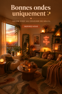 Salon cosy avec des teintes chaleureuses inspirées du coucher de soleil