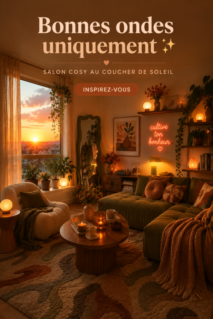 Salon cosy avec des teintes chaleureuses inspirées du coucher de soleil