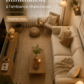 Salon minimaliste avec éclairage doux et chaleureux, créant une ambiance accueillante.