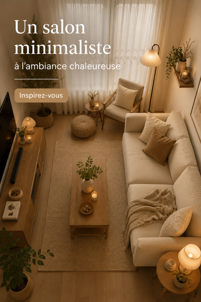 Salon minimaliste avec éclairage doux et chaleureux, créant une ambiance accueillante.