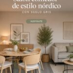 Salon décoré dans un style nordique avec sol gris donnant une ambiance chaleureuse