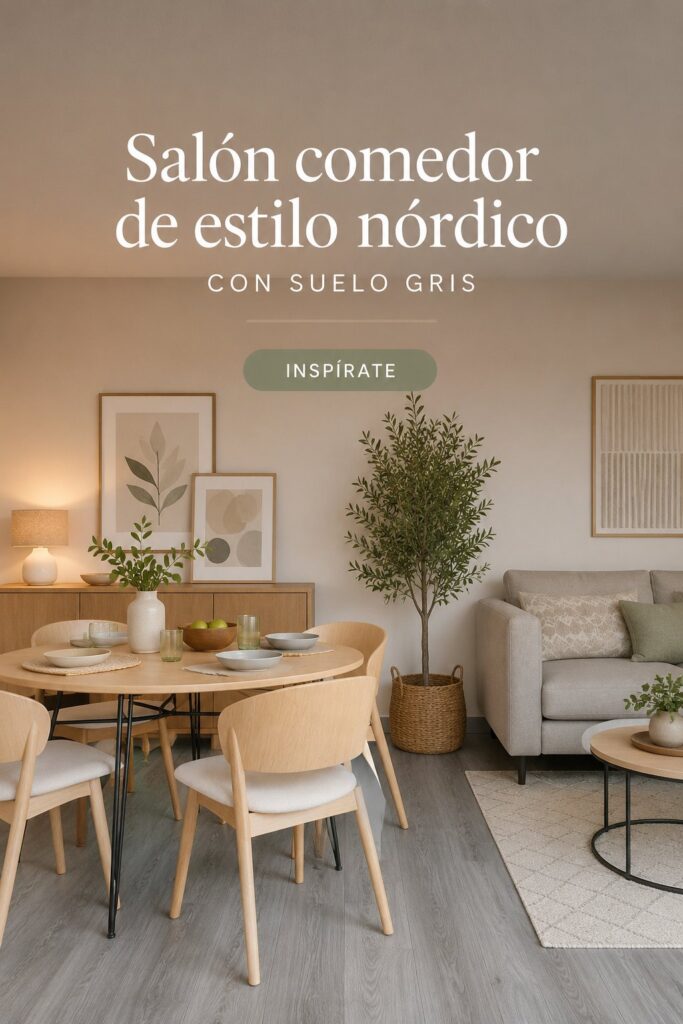 Salon décoré dans un style nordique avec sol gris donnant une ambiance chaleureuse