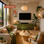 Un salon scandinave lumineux avec mobilier en bois et textiles doux.