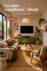 Un salon scandinave lumineux avec mobilier en bois et textiles doux.