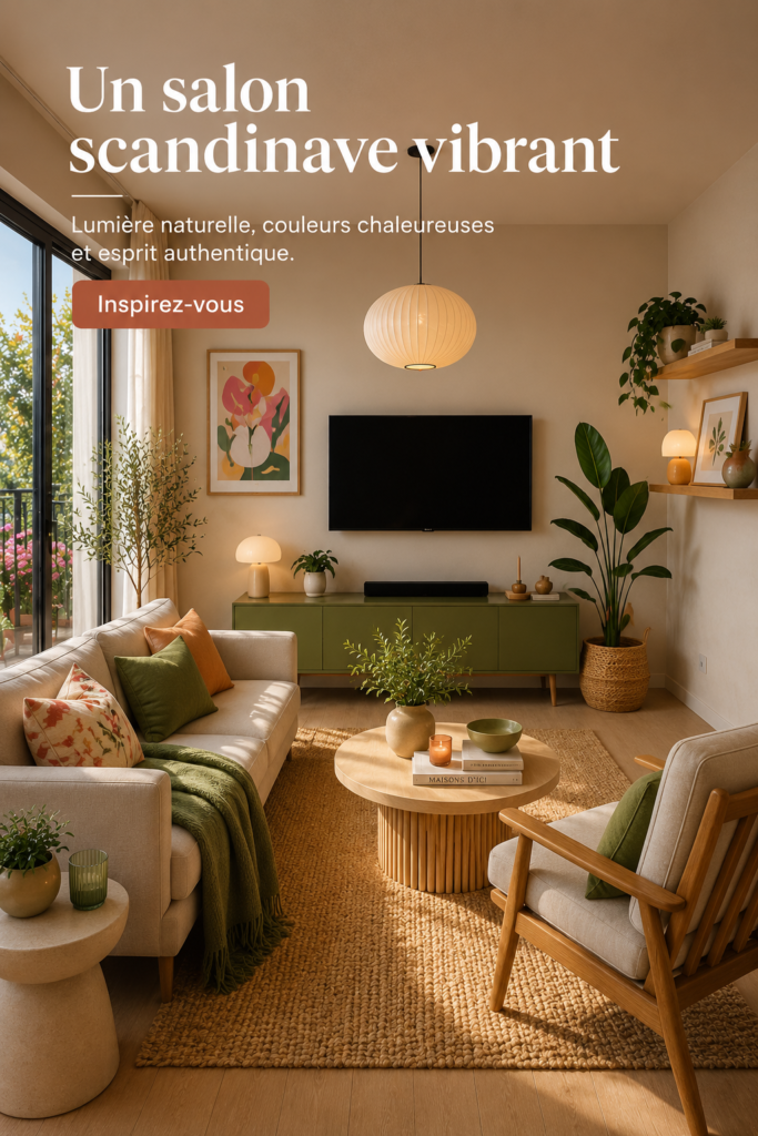 Un salon scandinave lumineux avec mobilier en bois et textiles doux.