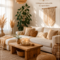 Un intérieur lumineux avec des éléments décoratifs Boho Chic, incluant des textiles colorés et des plantes, reflétant une ambiance chaleureuse.