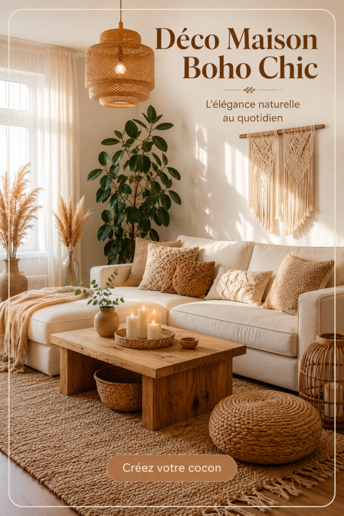 Un intérieur lumineux avec des éléments décoratifs Boho Chic, incluant des textiles colorés et des plantes, reflétant une ambiance chaleureuse.