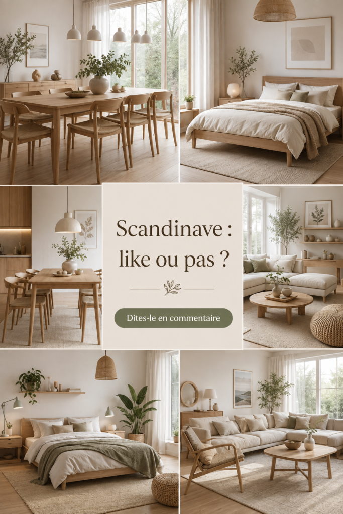 Un salon au design scandinave, lumineux et chaleureux, avec des meubles en bois clair.